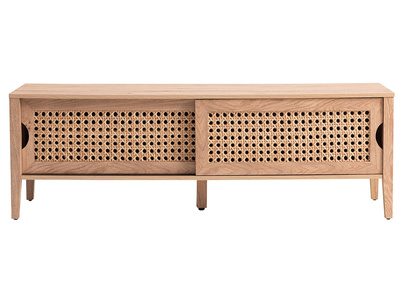 Mueble TV con puertas correderas madera y ratán sintético PACHO - Mueble TV con puertas correderas madera y ratán sintético PACHO