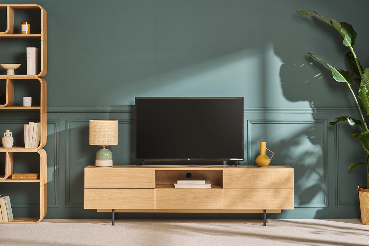Mueble TV de diseo con armarios de madera de roble claro y metal negro 180 cm ALASKA