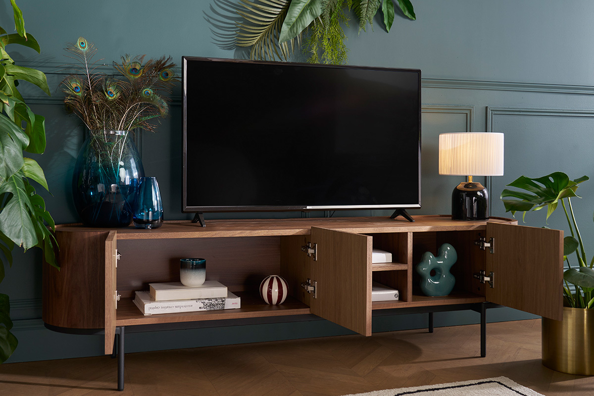 Mueble TV de diseo en nogal oscuro y metal negro con almacenaje 180 cm SKYE