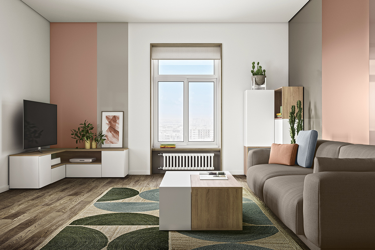 Mueble TV de esquina blnaco mate y madera QUADRA