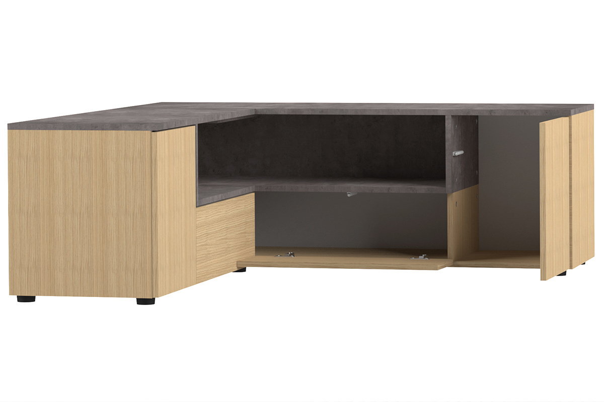 Mueble TV de esquina moderno madero y gris imitacin cemento QUADRA