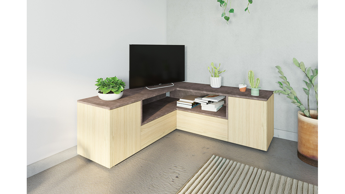 Mueble TV de esquina moderno madero y gris imitacin cemento QUADRA