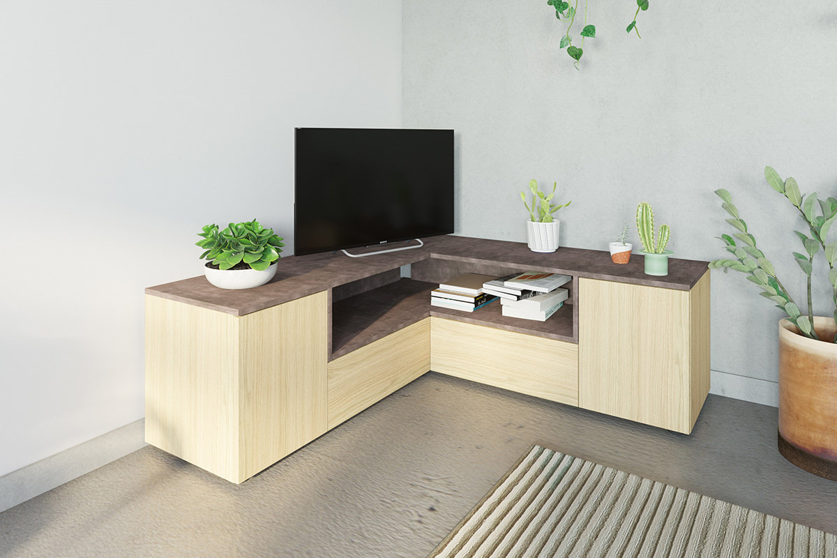 Mueble TV de esquina moderno madero y gris imitacin cemento QUADRA