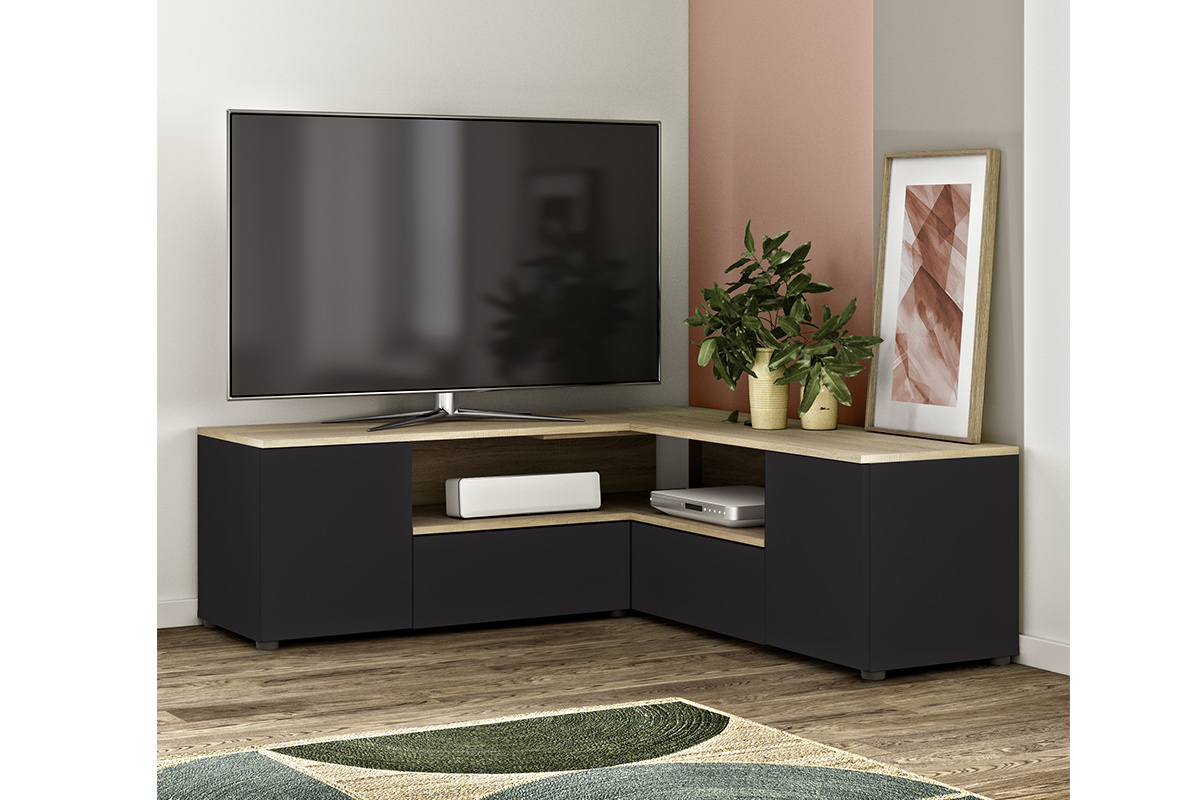 Mueble TV de esquina negro mate y madera QUADRA