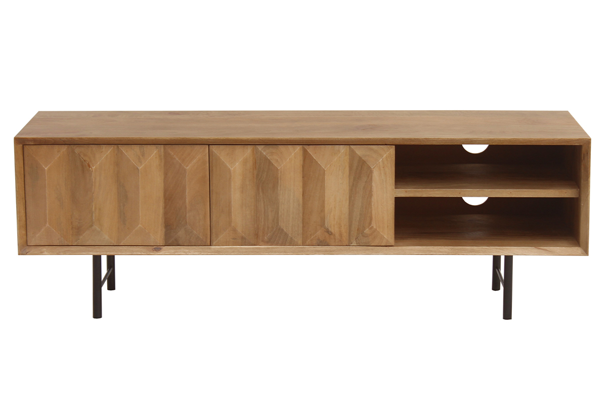 Mueble TV de madera clara de mango macizo con grabado y metal negro 120 cm AGRA