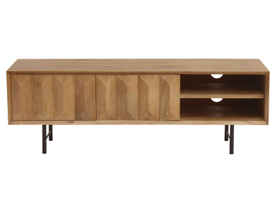 Mueble TV de madera clara de mango macizo con grabado y metal negro 120 cm AGRA
