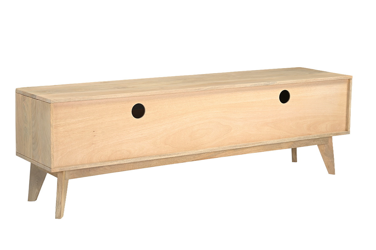 Mueble TV ALDA en madera maciza de mango, longitud 160 cm, con puerta corredera y patas de madera.