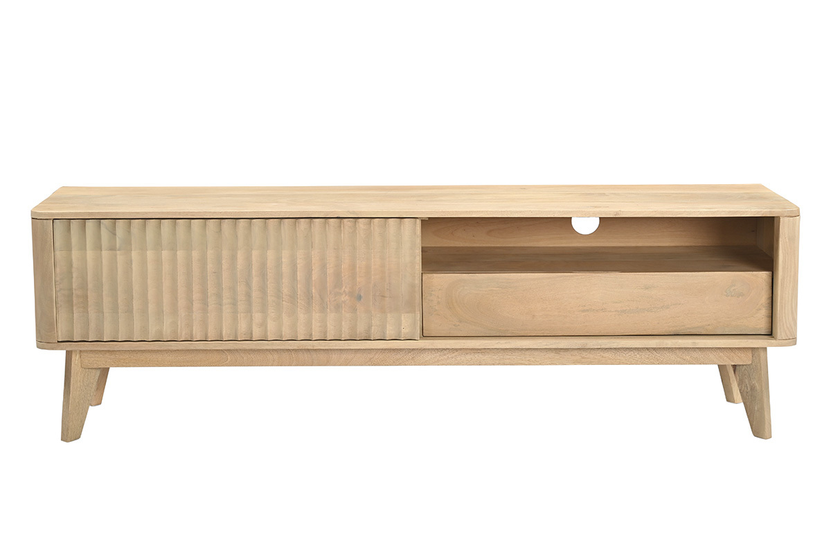 Mueble TV de madera clara de mango macizo con puerta corredera, vista frontal, L160 cm