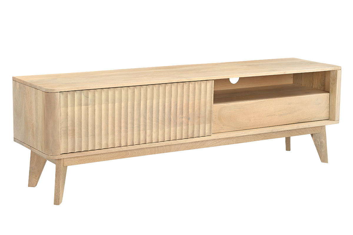 Mueble TV de madera clara de mango macizo con puerta corredera, vista en �ngulo