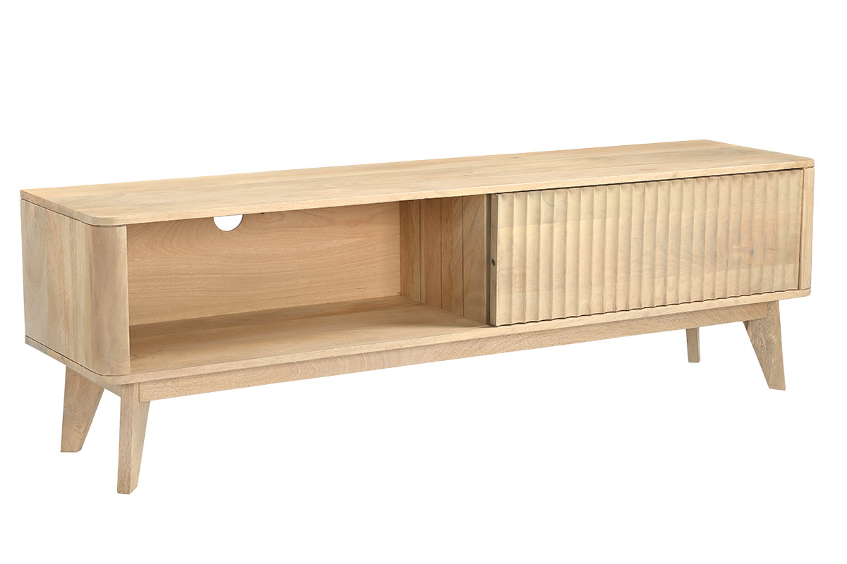 Meuble TV de madera clara de mango macizo con puerta corredera, vista de 3/4.