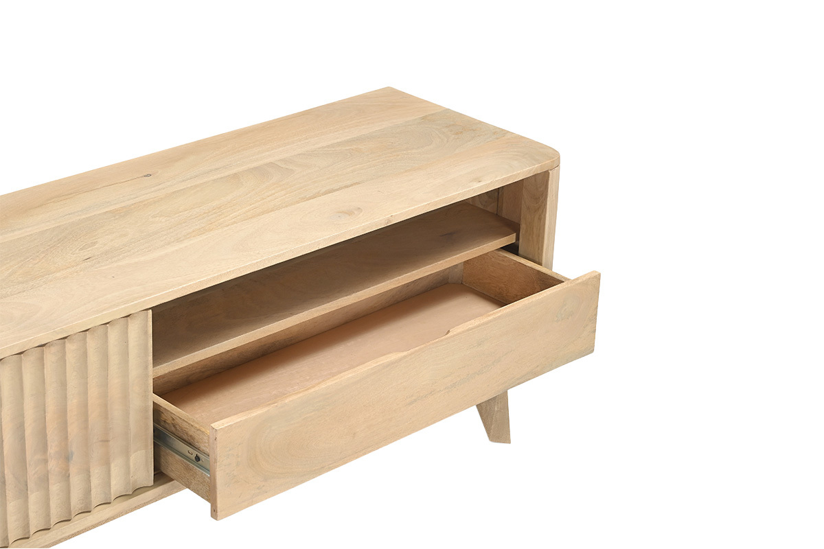 Mueble TV de mango macizo con puerta corredera y caj�n, vista superior, madera clara