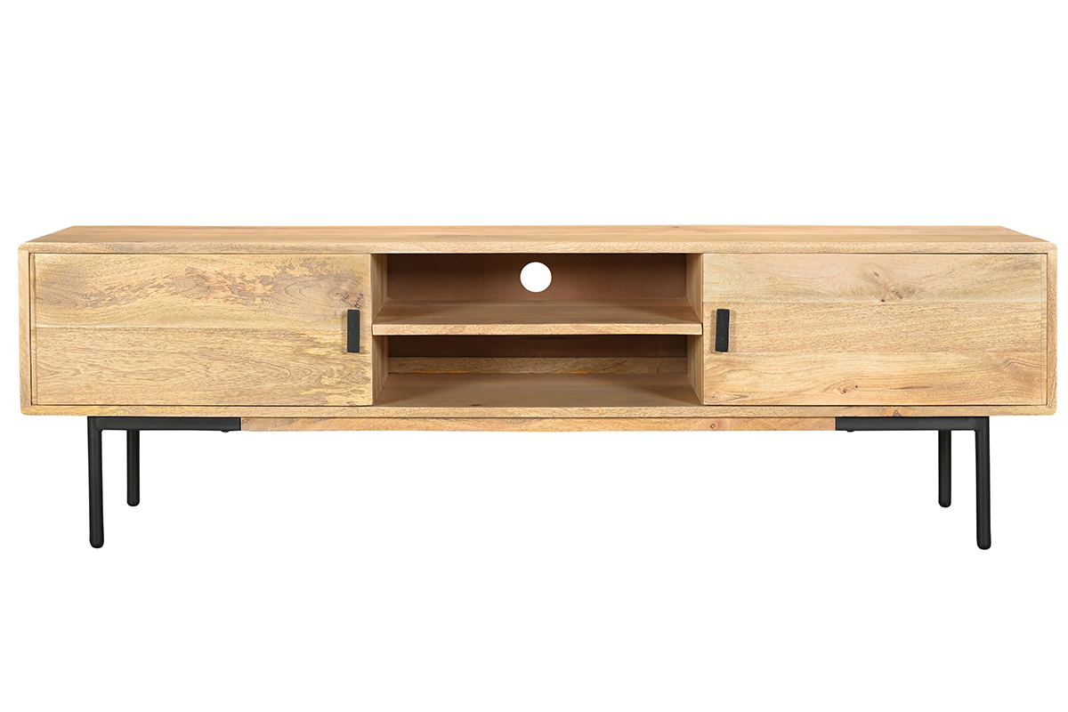 Mueble TV de madera clara de mango macizo y metal negro 165 cm JUDE