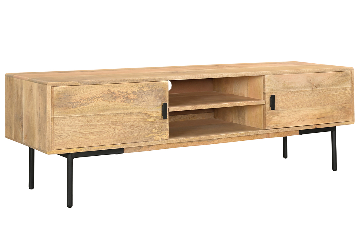 Mueble TV de madera clara de mango macizo y metal negro 165 cm JUDE