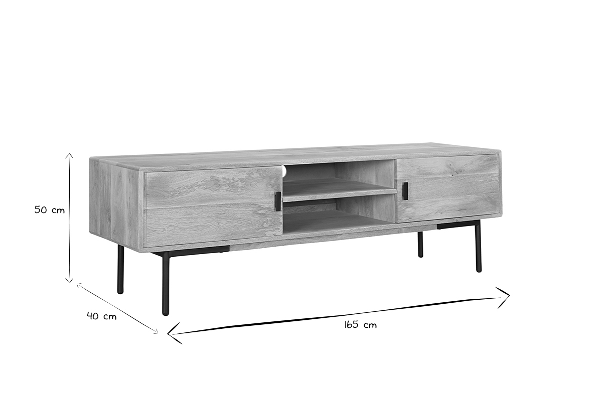Mueble TV de madera clara de mango macizo y metal negro 165 cm JUDE