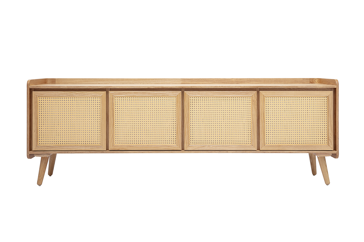 Mueble de TV ELSY en madera clara de fresno y rejilla de rat�n, vista frontal, con cuatro puertas.