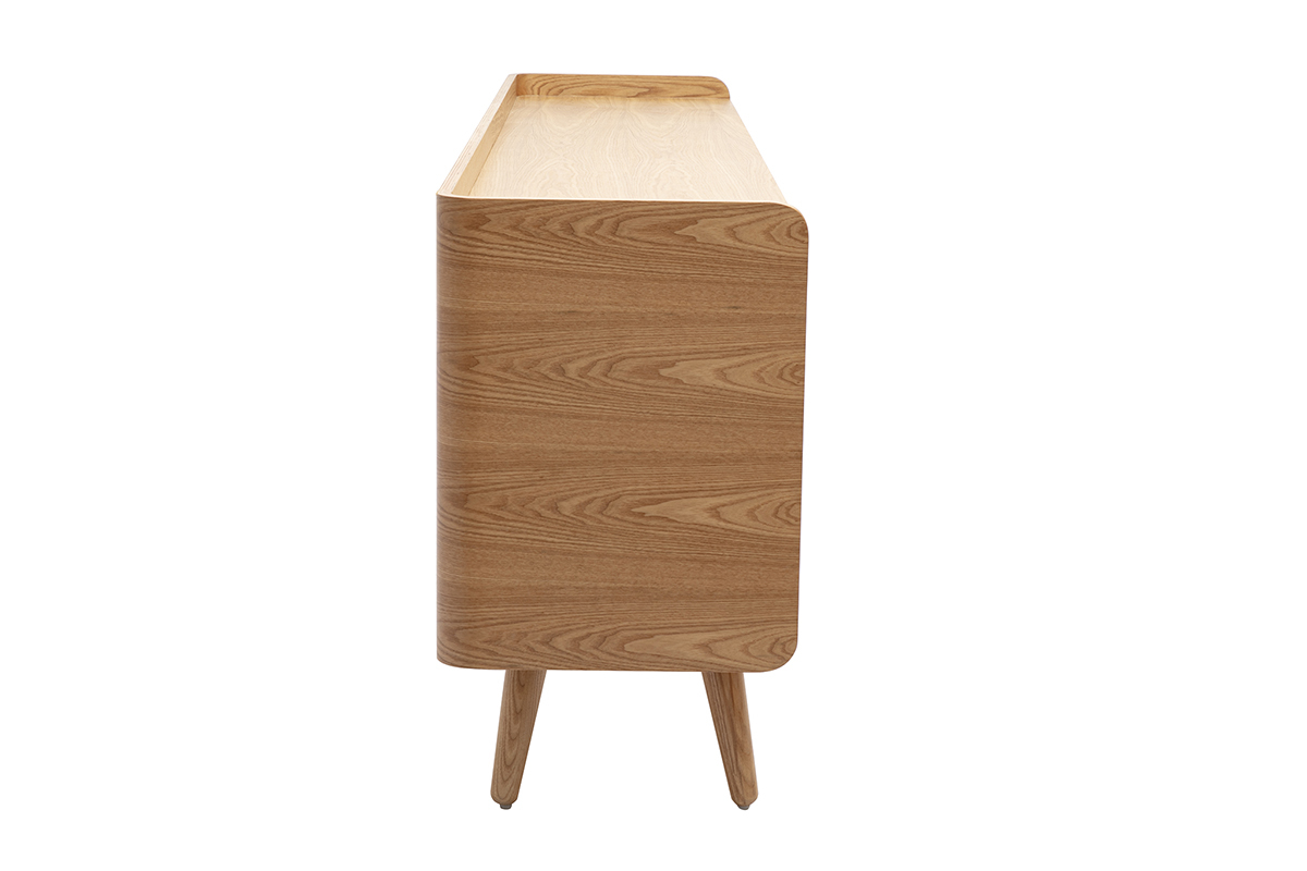 Mueble TV de madera clara de fresno y rejilla de rat�n, vista de perfil.
