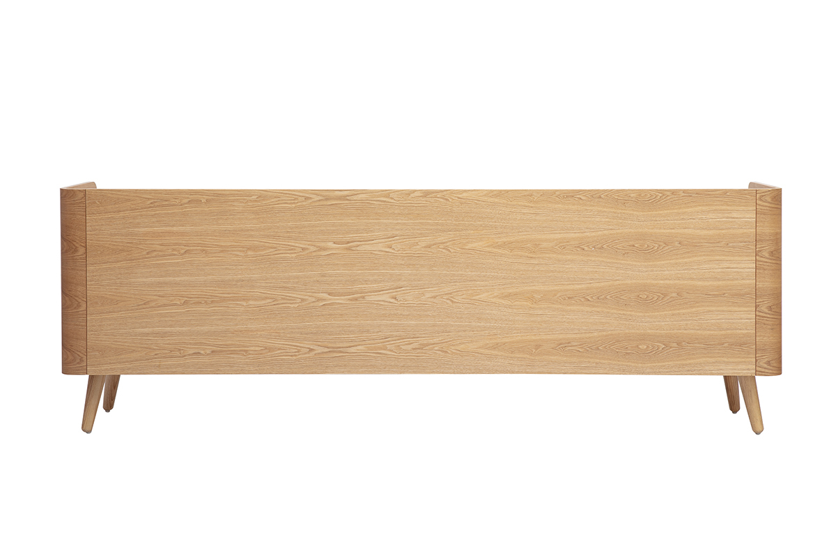 Mueble de TV de madera clara de fresno y rejilla de rat�n, vista trasera, cuatro patas c�nicas.