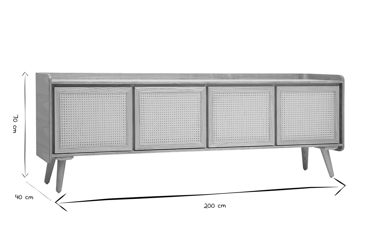 Dimensiones del mueble TV ELSY: L200 cm, H70 cm, P40 cm en negro y blanco.