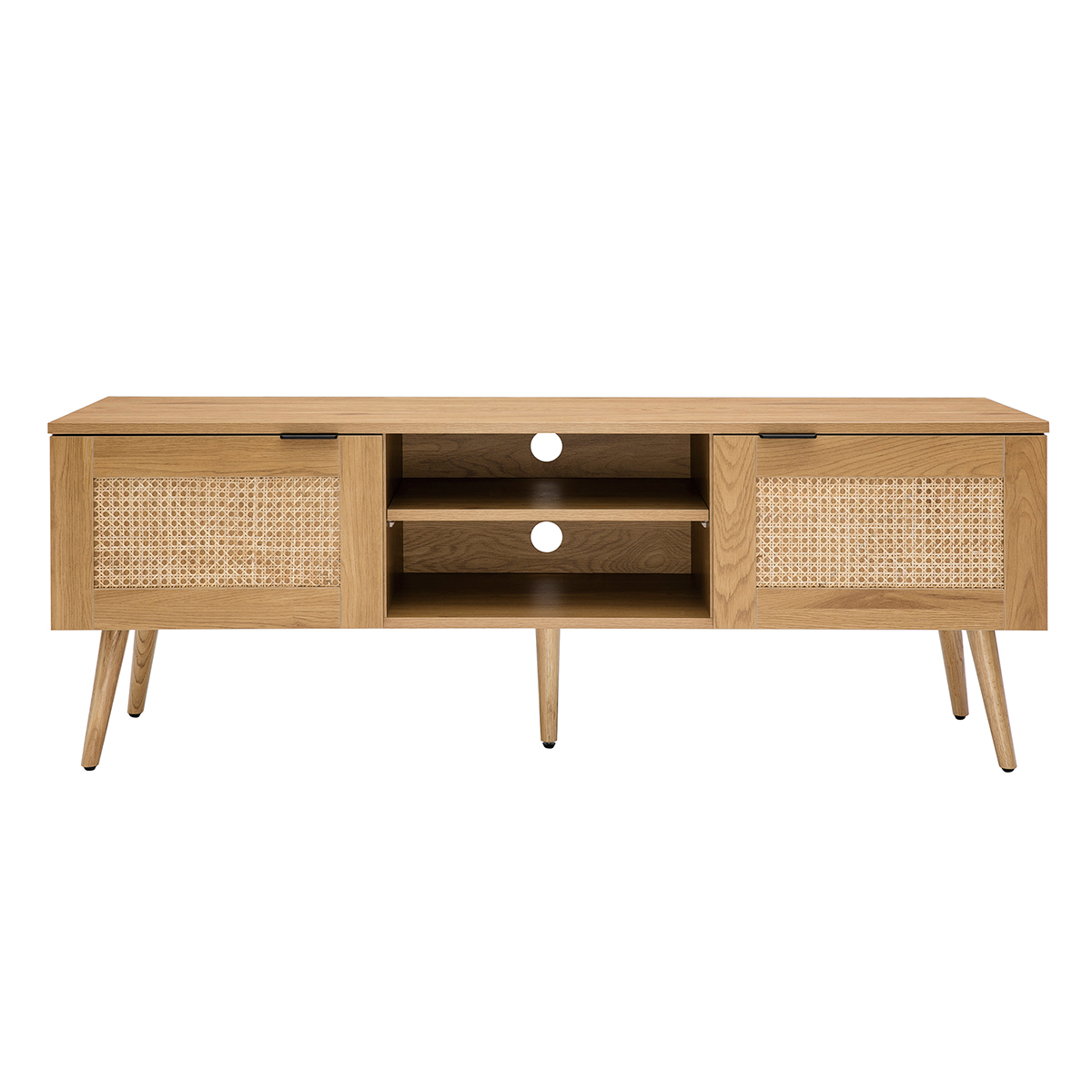 Mueble TV de madera clara, mimbre y metal negro con 2 puertas 140 cm MANILLE