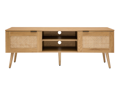 Mueble TV de madera clara, mimbre y metal negro con 2 puertas 140 cm MANILLE