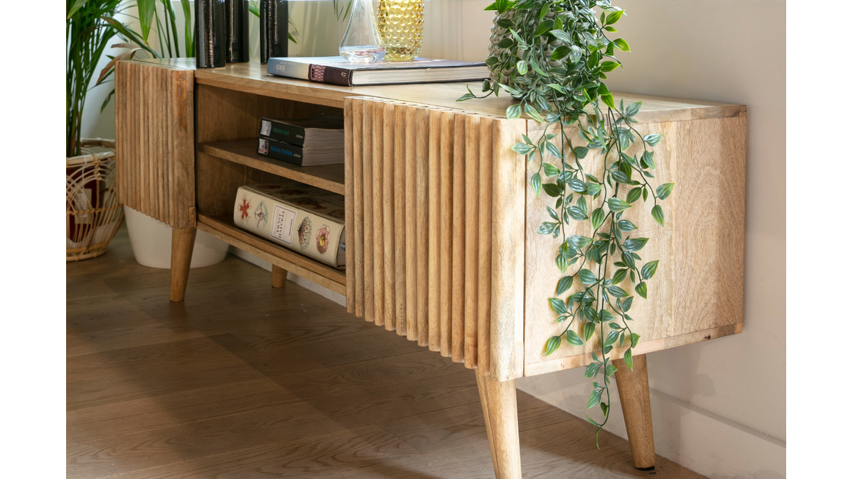 Mueble TV de madera maciza de mango oscuro con puertas correderas 140 cm ALBA