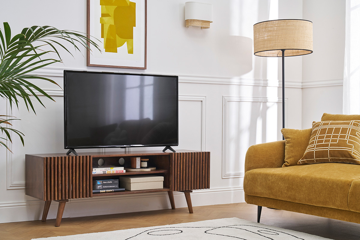 Mueble TV de madera maciza de mango oscuro con puertas correderas 140 cm ALBA