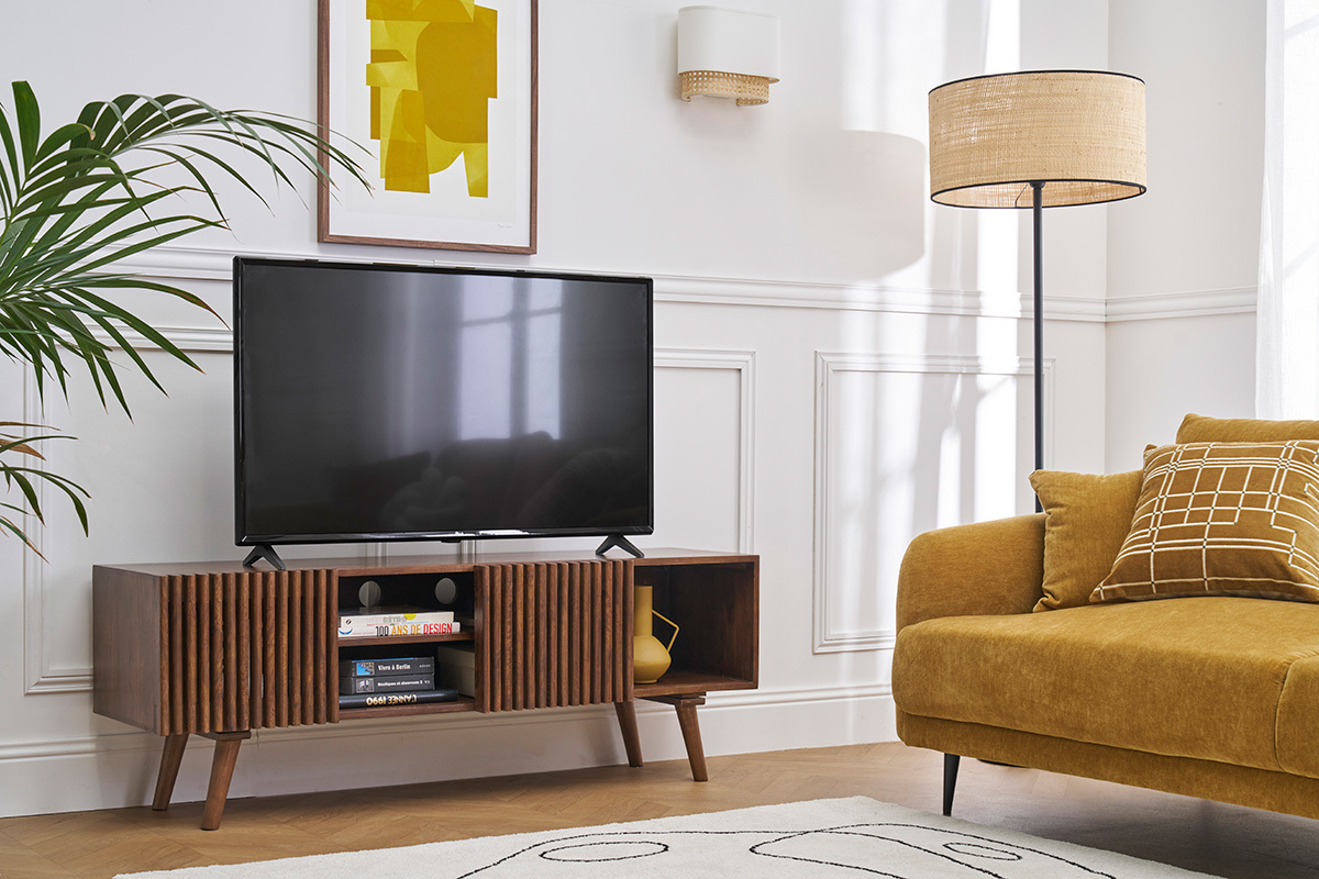 Mueble TV de madera maciza de mango oscuro con puertas correderas 140 cm ALBA