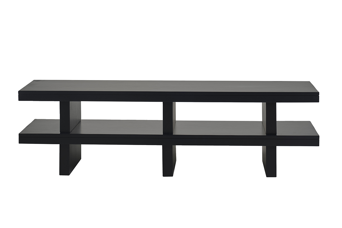 Mueble de TV de madera maciza negra NALO, vista frontal, con dos estantes horizontales y tres patas.