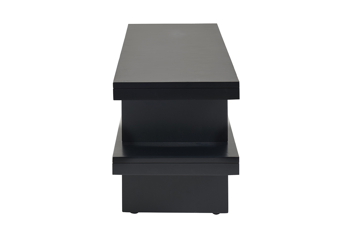 Mueble TV de madera maciza negra, vista lateral, con dos estantes horizontales superpuestos.