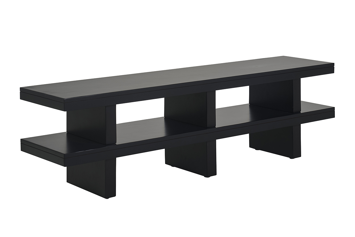 Mueble TV de madera maciza negra con dos estantes, vista de 3/4, dise�o minimalista.