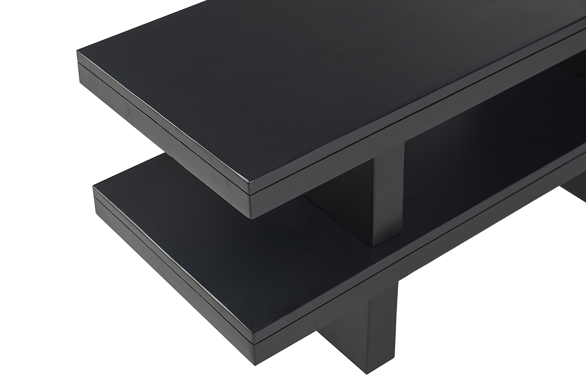 Mueble de TV NALO de madera maciza negra, vista en �ngulo 3/4, con dos estantes superpuestos.
