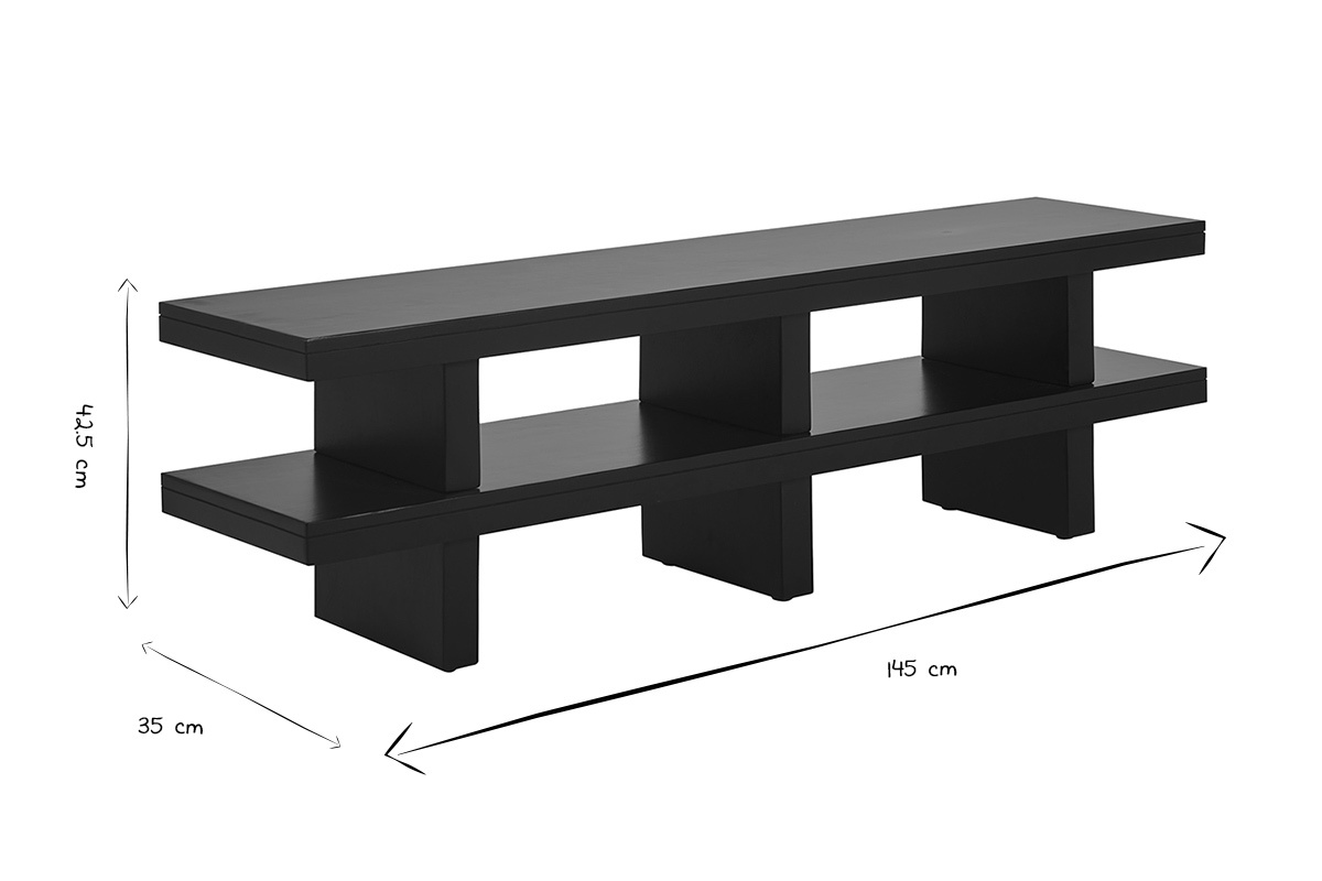 Dimensiones del mueble TV NALO en negro y blanco, 145 cm de ancho, 35 cm de profundidad, 42,5 cm de altura.