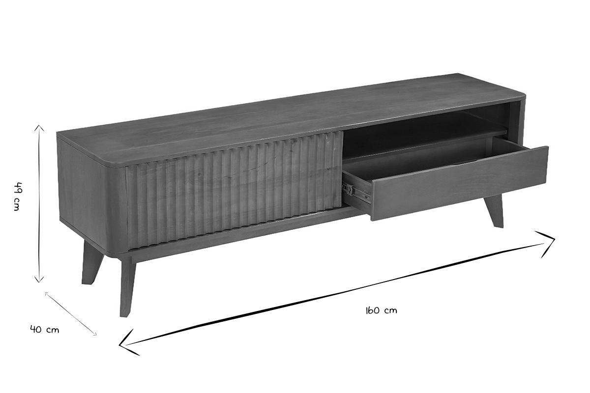 Dimensiones del mueble TV en blanco y negro: 160 cm de largo, 40 cm de altura.