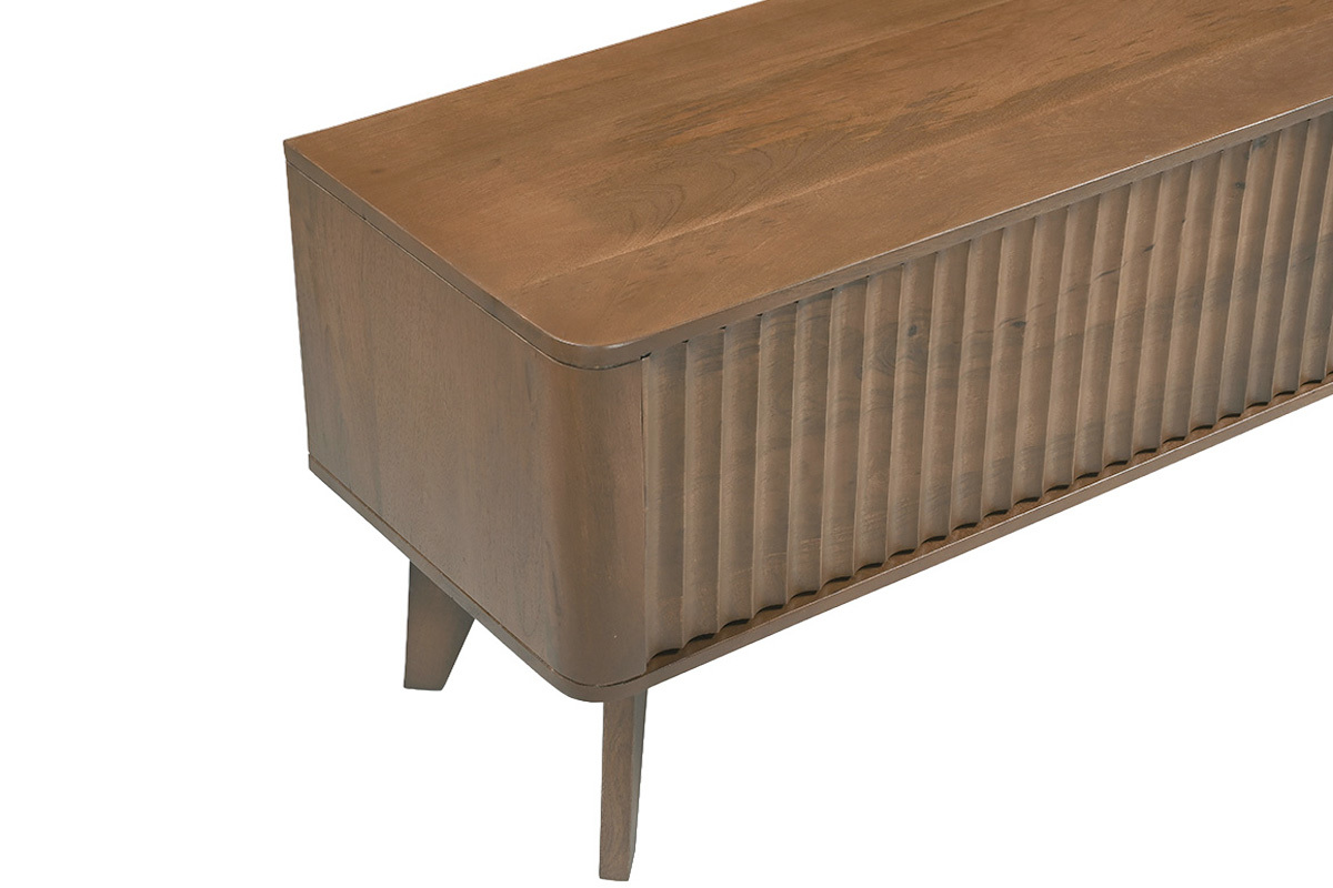 Mueble de TV de madera maciza de mango oscuro con puerta corredera, vista lateral.
