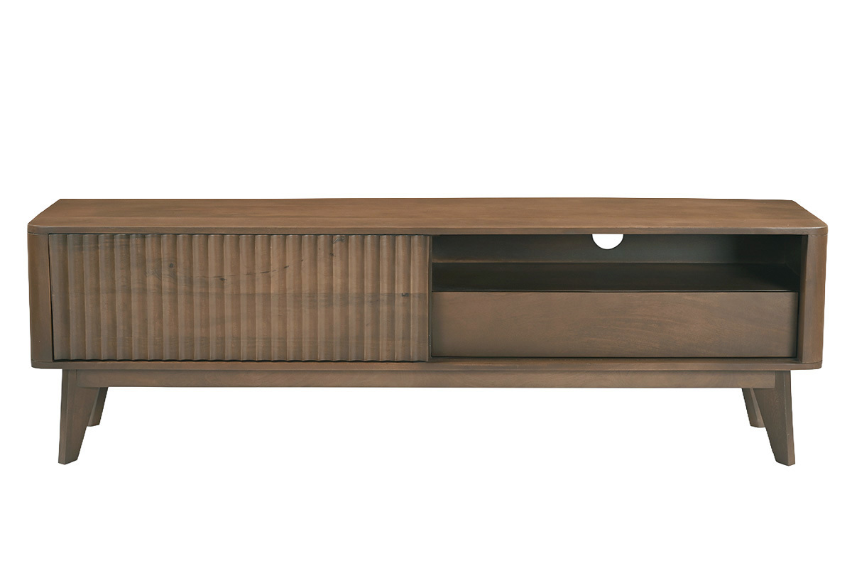 Mueble TV de madera oscura de mango macizo con puerta corredera, vista frontal