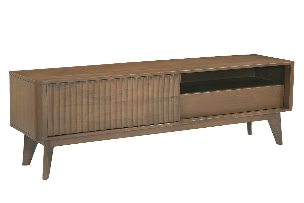 Mueble TV de madera oscura de mango macizo con puerta corredera, vista en 3/4