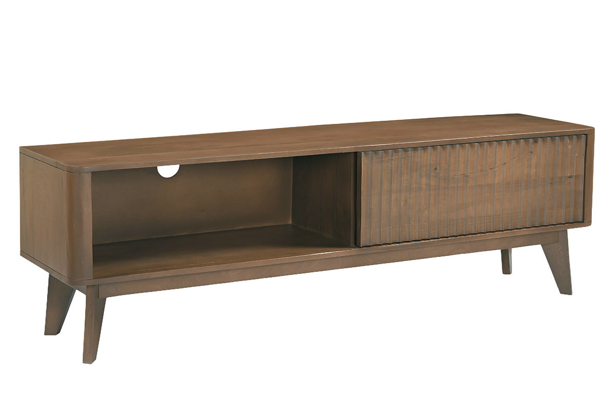 Mueble de TV de madera oscura de mango maciza con puerta corredera visto en 3/4, L160 cm