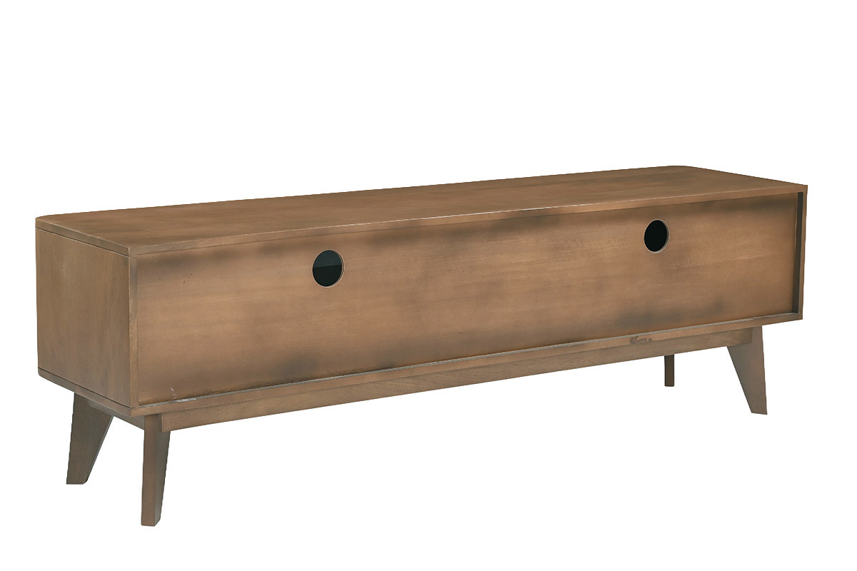 Mueble de TV de madera de mango oscura, puerta corredera, vista trasera de 3/4, longitud 160 cm