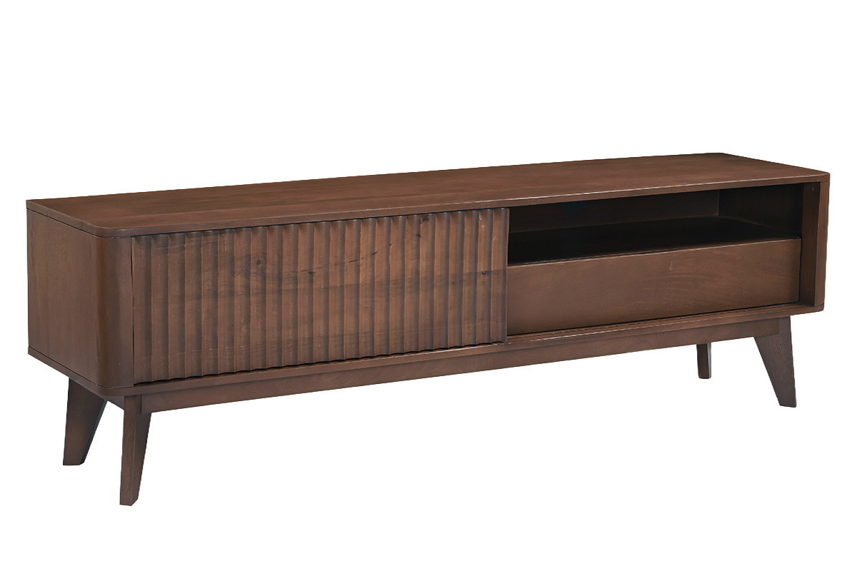 Mueble de TV de madera oscura de mango macizo con puerta corredera, vista en tres cuartos.