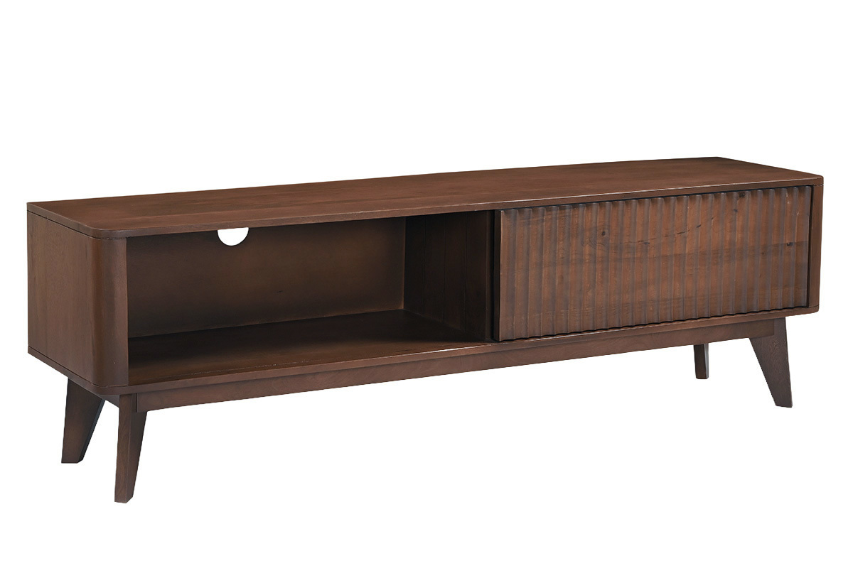 Mueble de TV de madera maciza de mango oscuro con puerta corredera, visto en 3/4, longitud 160 cm