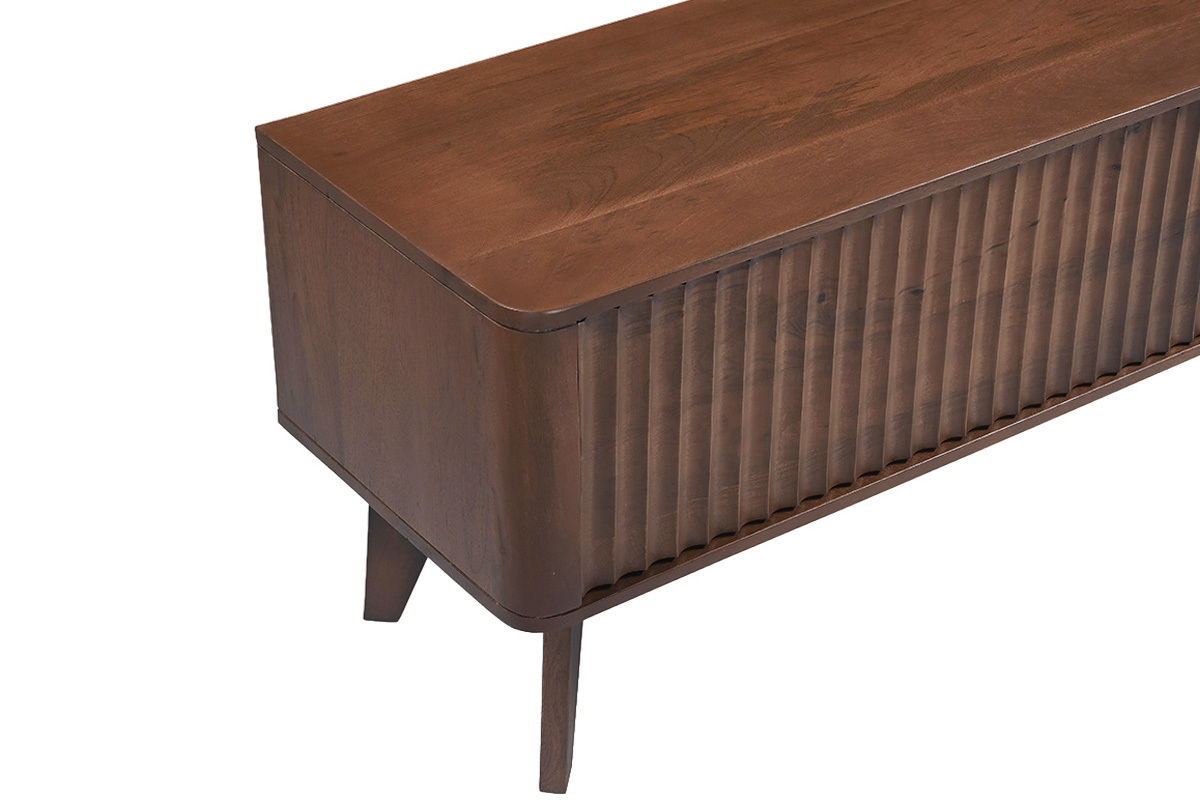 Mueble TV ALDA en mango macizo, madera oscura, con puerta corredera, vista de 3/4