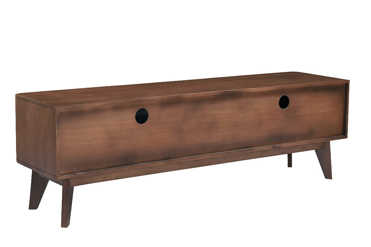 Mueble TV de madera oscura de mango macizo con puerta corredera, vista trasera.