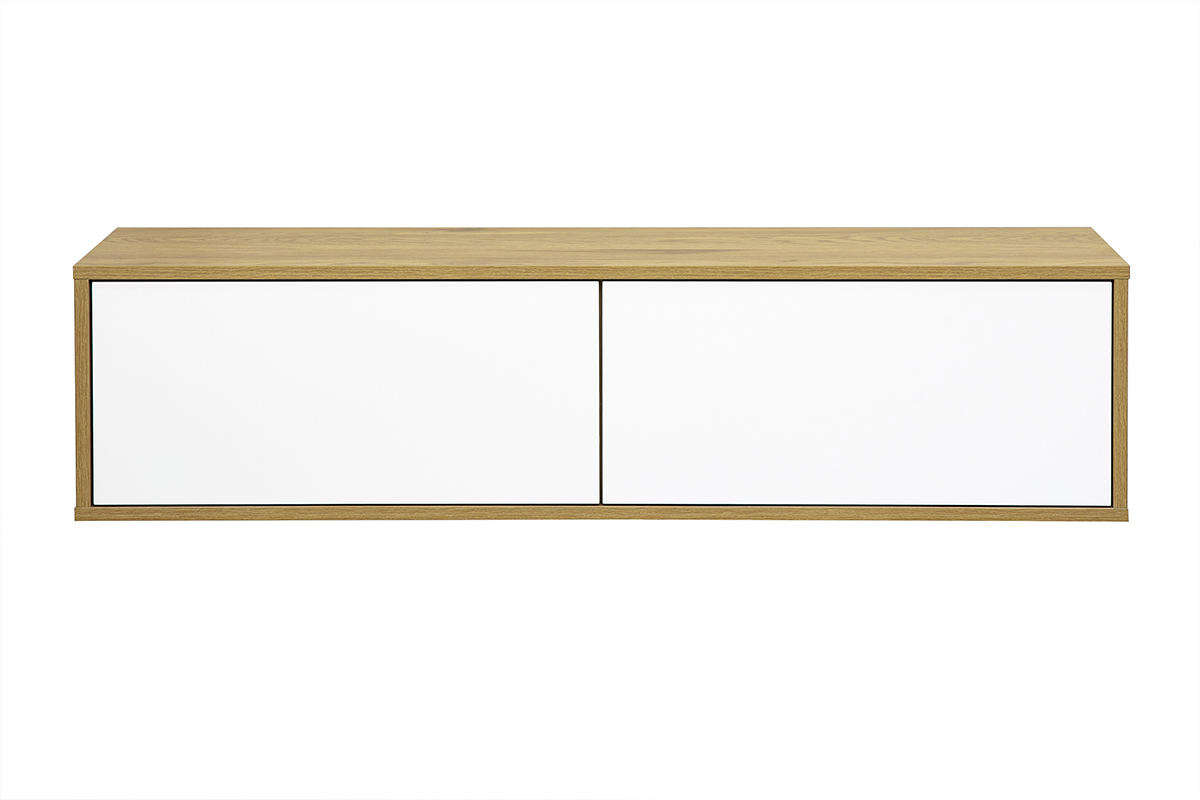 Mueble TV mural blanco y madera clara roble, vista frontal, dimensiones L120 cm.