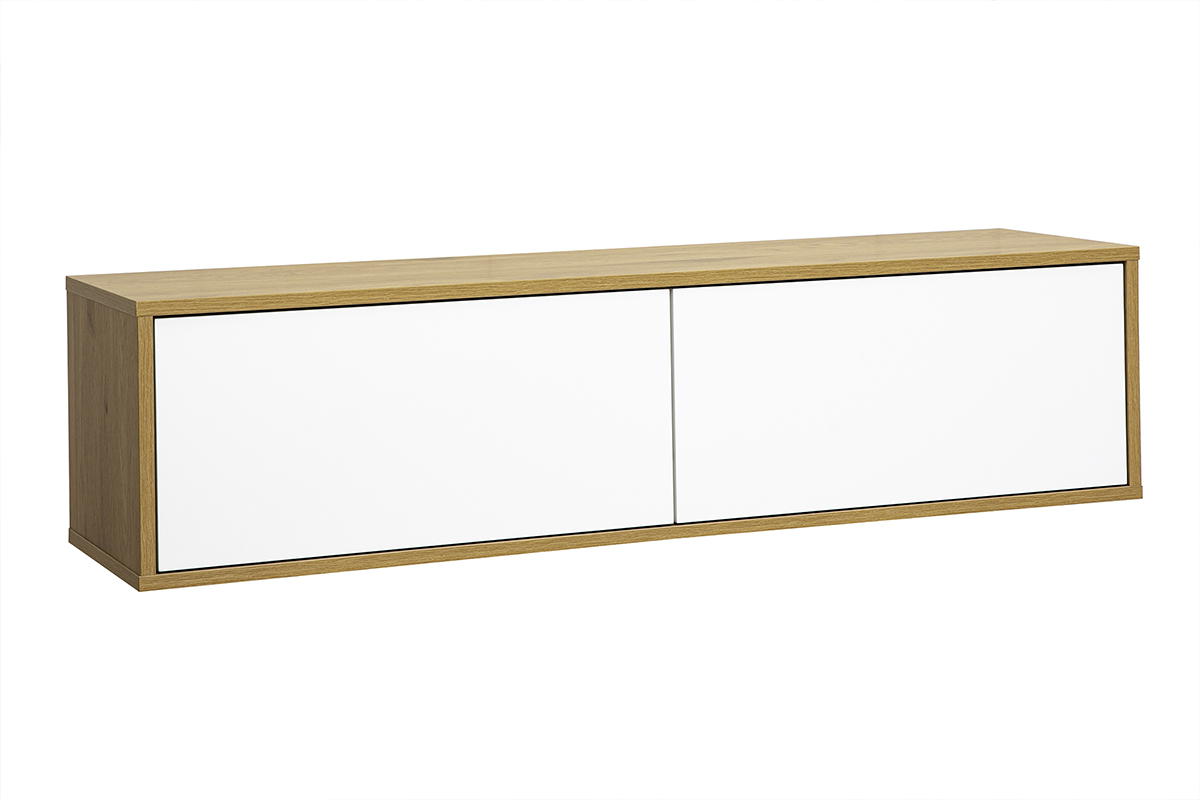 Mueble TV mural blanco y madera clara roble, vista de 3/4, dimensiones L120 cm