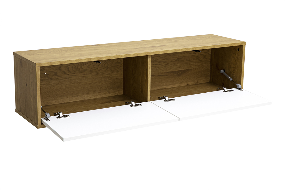 Mueble de TV mural con acabado blanco y madera clara de roble, vista en 3/4, con puertas abiertas.