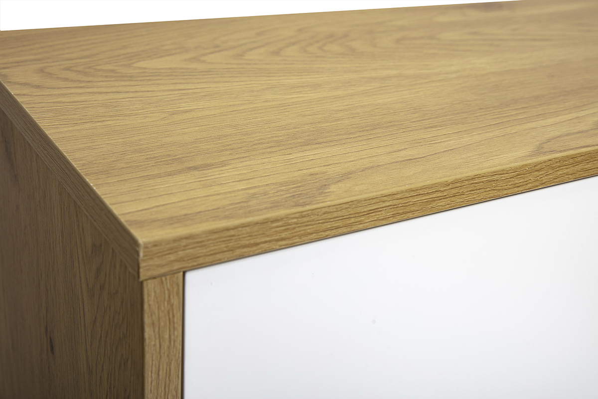 Vista cercana desde arriba del mueble de TV FLEXO con acabado de madera clara de roble y blanco.
