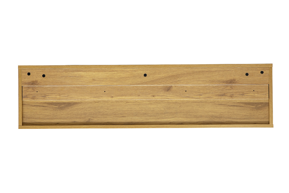 Mueble TV mural acabado en madera clara de roble, vista trasera, dimensiones L120 cm
