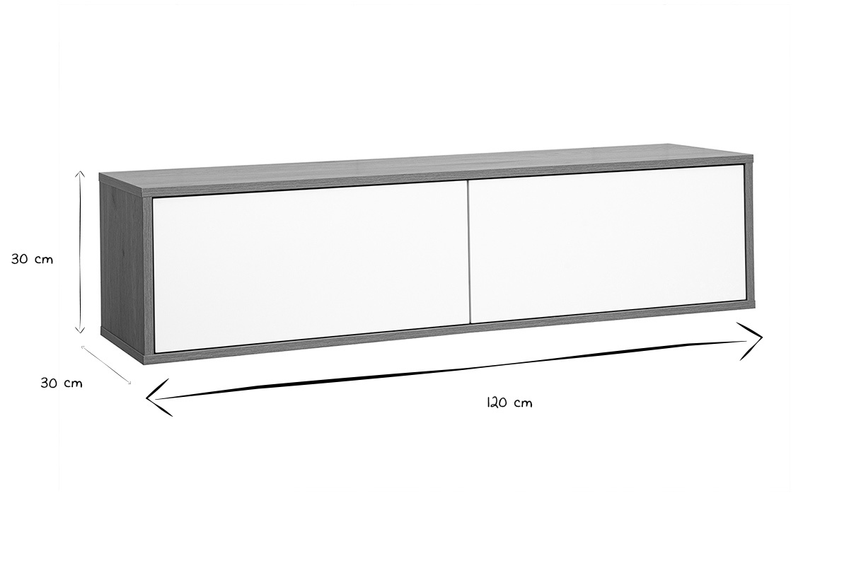 Dimensiones del mueble TV FLEXO: L120 cm, P30 cm, H30 cm en negro y blanco.