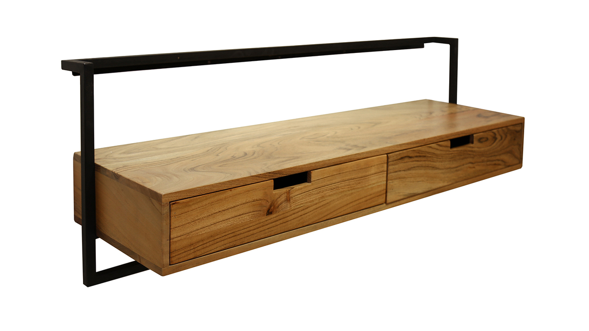 Mueble TV de pared con cajones de madera de acacia maciza y metal negro HALIA