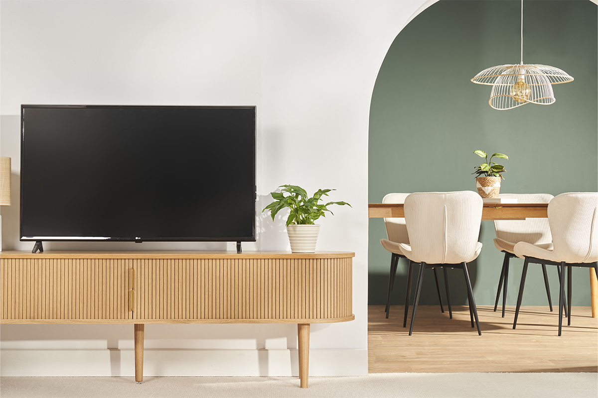 Mueble TV de roble claro con almacenaje y 2 puertas correderas 180 cm EPIC